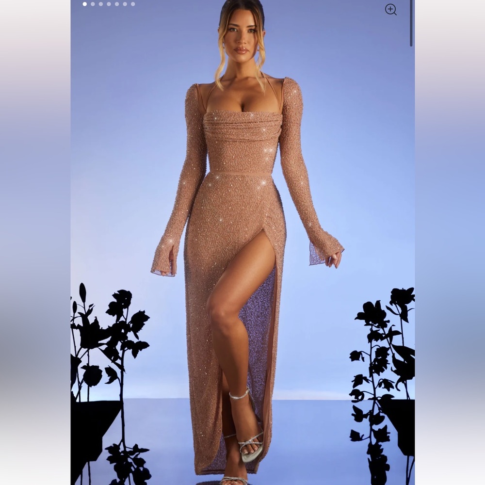 Oh Polly Champel Embellished Cowl Neck Maxi Dress in Nude